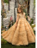 Beaded Gold Tulle Sparkle Floor Length Flower Girl Dress